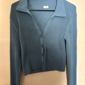 Blue Ribbed Button-Up Cardigan